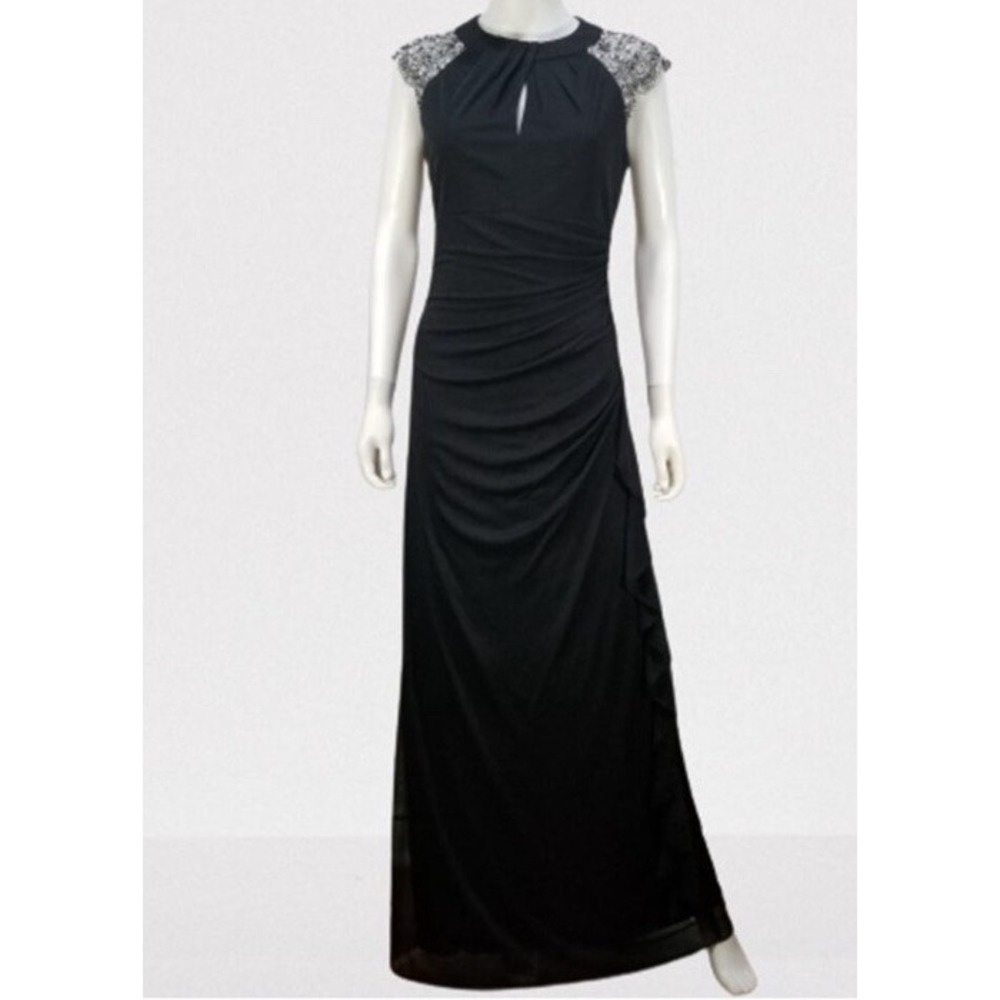 Betsy & Adam Black Halter Maxi Evening Gown Rouging Embellished Shoulders Sz 6